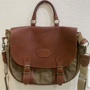 Vintage LL Bean Waxed Cotton Canvas & Leather Cross Body Messenger Tote Bag